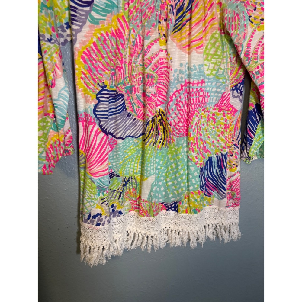 Lilly Pulitzer Alia Storm of the Seas Shell Elastic Scoop Neck Fringed Top Small - Picture 5 of 6